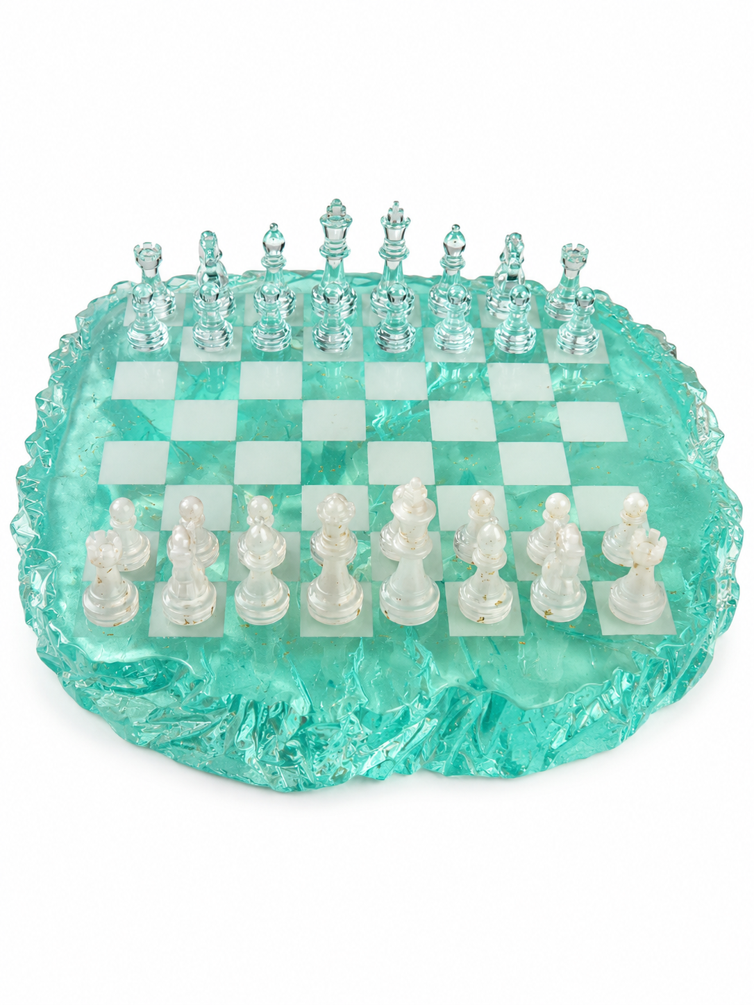 Jeu d'échecs Iceberg turquoise et blanc en résine époxy